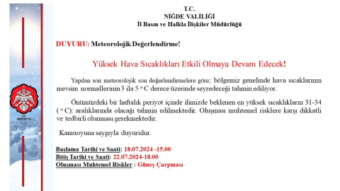 Niğde Valiliği’nden yüksek sıcaklık uyarısı
